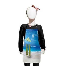Lunarable Seaside Apron, Sunshade Drinks Pair of Reclining Chairs Facing to Ocean Seascape, Small Apron Bib with Adjustable Ties for Baking Painting, Small Size, Lime Green White
