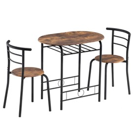 FCH 3 Piece Small Dining Table Set for 2, Oval Coffee & Breakfast Nook Table with 2 Chairs, Kitchen Set with Shelve, for Small Places, Apartment, Bistro, Place Saving, Wooden & Mental, Brown