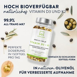 AAVALABS Vitamin D3 K2 hochdosiert mit nativem Olivenöl - Vitamin D hochdosiert 2000 IE + Vitamin K2 MK7 100μg - Sonnenvitamine Vitamin D K2 GMO-, gluten- und laktosefrei 180 Vitamin D3 K2 Kapseln hochdosiert