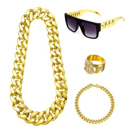 Lotsdonxia 80s & 90s Retro Costume Set Gold Chains Dollar Sign Necklace Wig and Sunglasses Party Accessories for Disco Parties and Hip-Hop Gatherings