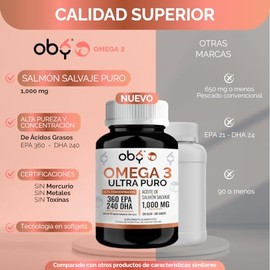 OBY Omega 3, Pack de 360 softgels (120 softgels de 1300 mg por envase) | Alto EPA Y DHA como Trigliceridos | Libre de Metales Pesados con Certificados