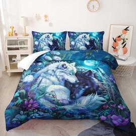 Nttopship Wolf Print Comforter Set Twin Size,White and Black Wolf in Flowers Bedding Set, Night Sky Forest Animals Printed Quilted Set for Girls Boys Adult,with 1 Comforter and 2 Pillow Case