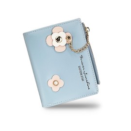 Andiker Kleine Geldbörsen für Frauen, PU-Leder kompakte Bi-Fold Damen Geldbörse mit Reißverschluss Münzfach Exquisite Damen Geldbörse mit floralen Schnalle Design (Blau)