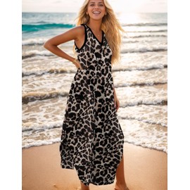 Zilcremo Women's Summer Casual Loose Sundress Long Dress Sleeveless V Neck Split Tshirt Maxi Dresses Leopard XXL