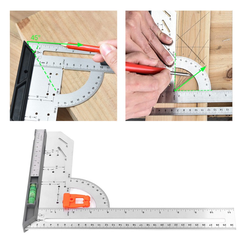 12in L Square Ruler Multifunction Scale Standard Carbon Steel Detachable