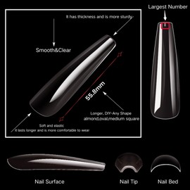 AKA Unicorn 12 Sizes Soft Gel Nail Tips Square,Pre Filed 3XL Long Square Full Cover Clear Nail Tips Acrylic Gel Tips Nail Kit Press on Nails for Extension Nail Manicure Home DIY 240PCS