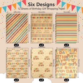 Kraft Birthday Wrapping Paper 12 Sheets Folded Flat with 12 Gift Tags Birthday Gift Wrapping Paper for Birthday Party Baby Shower