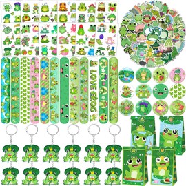 Lcnjscgo 110 PCS Frog Party Favors, Frog Temporary Tattoos Slap Bracelets Keychains Stickers Badges Gift Bags for Frog Birthday Party Decorations Supplies Gifts for Classroom Rewards Baby Shower