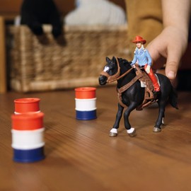 Schleich Farm World 3-Barrel Rodeo Racing Playset - Cowgirl Rodeo Racing Toy Set with Horse, Realistic Western Rodeo Farm Animal Toys and Accessories, 7-Piece Kids Toy for Boys and Girls