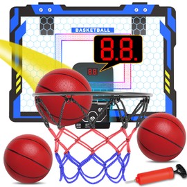 Basketball Hoop Indoor, Kids Basketball Hoop Over The Door Basketball Hoop with LED Lighting Mini Basketball Hoop Set with Scoreboard & 3 Balls Basketball Toys for Ages 8-13 Boys Girls