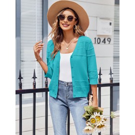 Zeagoo Womens Lightweight Summer Cropped Cardigan 3/4 Sleeve Button up Thin Bolero Crochet Knit Shrug Sweater Teal