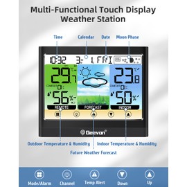 Geevon Weather Stations Wireless Indoor Outdoor Thermometer Hygrometer with Dew Point, Heat Index, Touch LCD Display Digital Weather Thermometer with Alarm Clock and Adjustable Backlight