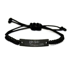DesiDD Little Sister Engraved Black Rope Bracelet, Motivational Gifts For Little Sister, Little Sister you are loved, you were created for a purpose Gift for Graduation Birthday Christmas
