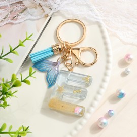 SHTALHST Initial Letter E Keychain,Ocean Theme Keychain with Blue Mermaid Tail & Tassel Charms,Letter Gifts for Women Friends