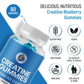 Creatine Gummies 4000mg for Men & Women - 60 Gummies - Pure Creatine Monohydrate - Blueberry Flavour, Vegans & Vegetarians