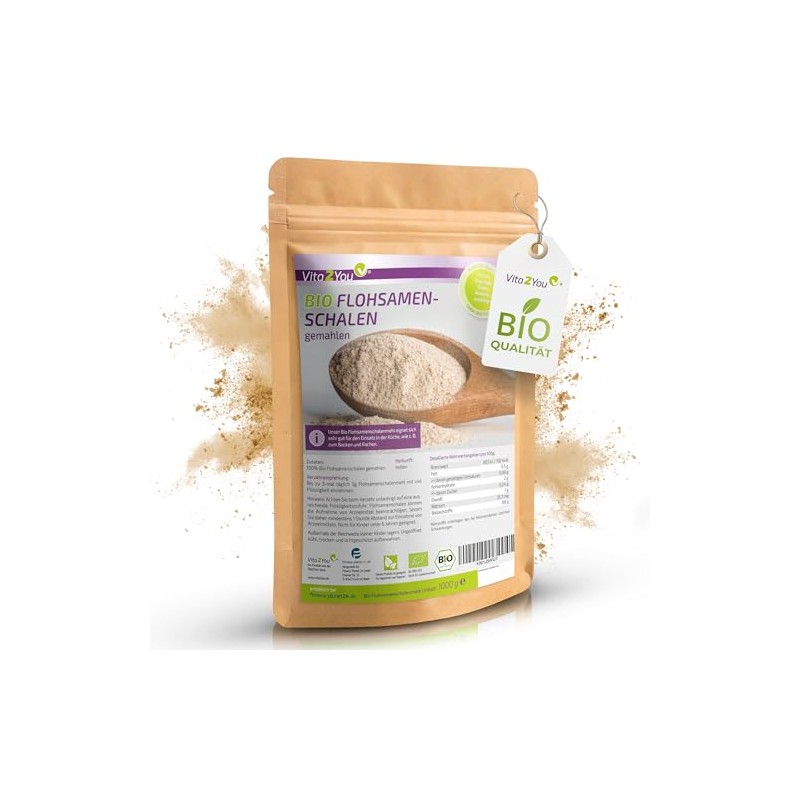 Vita2You Organic Psyllium Husks Ground 99% Purity - 1 kg