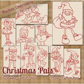 Christmas Pals Redwork Embroidery Machine Designs on CD - 10 Beautiful Outline Style Patterns - 2 Sizes Each - Multiformat CD
