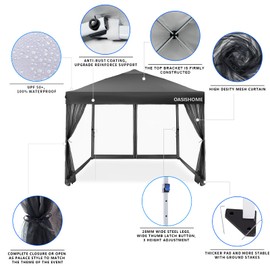 OASISHOME 10'x10' Pop-Up Gazebo Canopy Tent with Netting Sidewalls & Wheeled Bag,Weight Bag, Stakes, Ropes, Waterproof, UV Protection, Heavy-Duty Steel Frame for Backyard/Outdoor/Parties(Black)