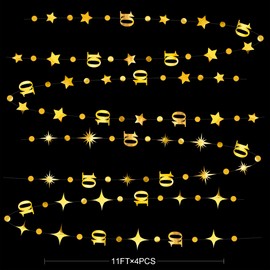 Gold 10th Birthday Decorations Number 10 Circle Dot Twinkle Star Garland Metallic Hanging Streamer Banner Backdrop for Girls Boys Double Digits Ten Year Old Birthday 10th Anniversary Party Supplies