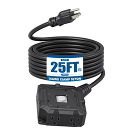 DEWENWILS 25FT Heavy Duty Outdoor Extension Cord, 6-Outlet with On/Off Switch & Waterproof Silicone Cover, 14/3 Gauge SJTW, Black Power Cord, 15A/125V/1875W, ETL Listed