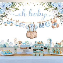 Sensfun Cute Clothes Baby Shower Backdrop for Boys Oh Baby Newborn Blue Floral Eucalyptus Leaves Adventure Baby Shower Party Decorations Banner Supplies Photo Booth Studio Props 7x5ft