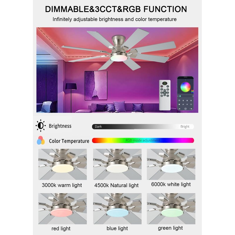 JSAITEE 52 inch Ceiling Fan with Light, 6 Speeds Reversible