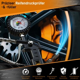 Hardtwerk® Tyre Inflator Tyre Pressure Gauge - Pressure Gauge Measuring Range: 0-12 Bar - 304 Stainless Steel Hose - Air Pressure Gauge for Car, Motorcycle, Car, Truck Tyre Inflation Gauge