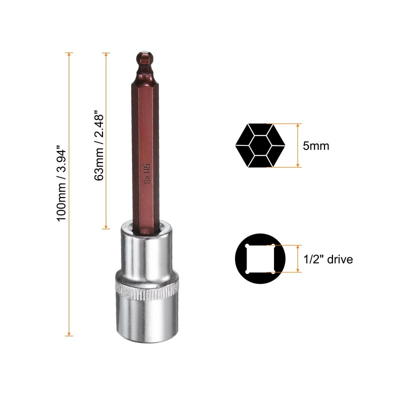 HARFINGTON 5mm Ball End Hex Bit Socket 1/2" Square Drive