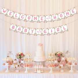 Jollyboom Welcome Home Baby Girl Decorations, Pink Floral Welcome Home Baby Girl Banner Garland for Welcome Newborn Girls Baby Shower Birthday Party Supplies