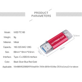WANSENDA OTG USB Flash Drive 2 in 1 USB Photo Stick USB 3.0/3.1 & Type-C Phone Storage for Android Devices/PC/Mac (64GB, Red)