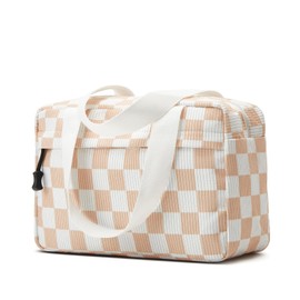 ZOEMTIU Large Makeup Bag for Women Corduroy Cosmetic bag Make up Bags Zipper Pouch with handle Cosmetic Organizer Toiletry Bag for Travel Storage (Checkered Orange White)