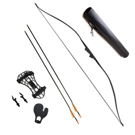 SAS 30-35lbs 22-29" Robinhood Long Bow for Adult/Youth with Armguard, Finger Tab, Arrow Rest, Leather Hip Quiver and 14 x Arrows (Brown)