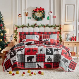 Christmas Patchwork Quilt Set King Size 101x88 - Black Red Bear Reindeer Eagle Deer with Red Plaid - Xmas New Year Gingham Style Microfiber Winter Bedding Coverlet Thanksgiving Holiday Bedspread