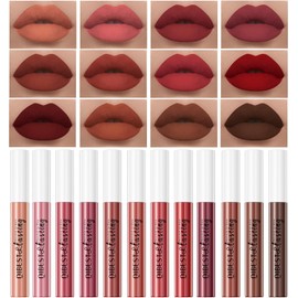 QiBest- Juego de 12 lápices labiales líquidos aterciopelados mate para mujeres y adolescentes, regalo, resistentes al agua, de larga duración durante 24 horas