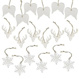 Set of 18 White Wooden Hanging Decorations with Angel Wings, Snowflake and Deer Antler Design