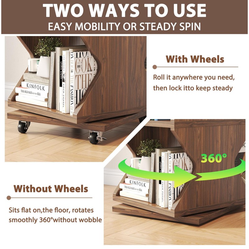 HSH Rotating Bookshelf Tower, 360°Revolving Bookcase with Wheels, Walnut