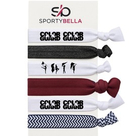 SportyBella Color Guard Hair Tie Set – 6pc No-Crease Elastic Hair Bands for Girls – Includes Maroon, Black, Chevron, and Flag Silhouette Designs – Spirit Accessories for Color Guard Performers