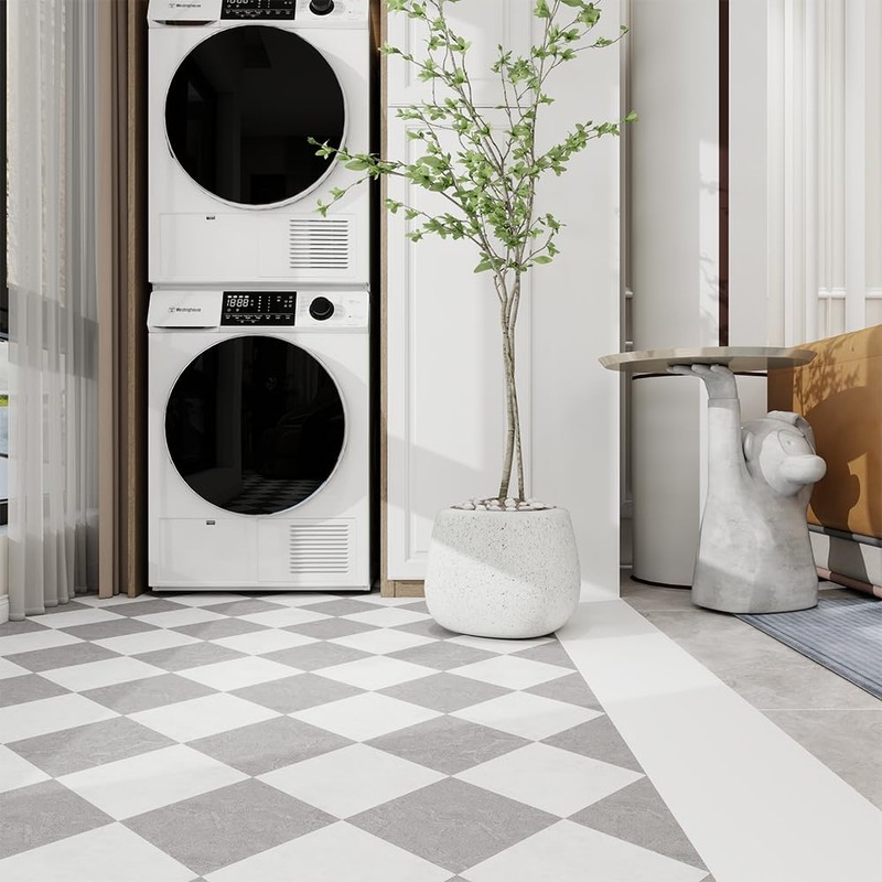 auxua Peel and Stick Floor Tile, Grey Checked Pattern Continuous