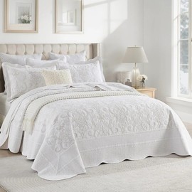 Bedduvit 100% Luxury Cotton 120"x120" Oversized California King Bedspread - Extra Large Quilts, Modern White Lightweight Cal King Comforter Set Coverlet, 3 Pieces Beige Embroidery Bedding Sets