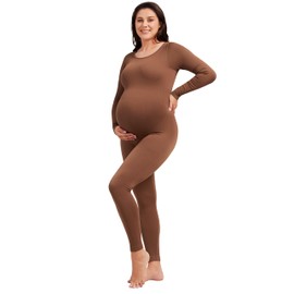 Angelhood Maternity Bodysuit Ribbed Long Sleeve Maternity Workout Romper One Piece Yoga Pregnancy Jumpsuit Shapewear, Large Coffee