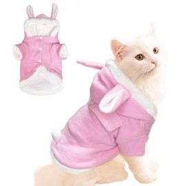 ANIAC Bunny Ears Cat Costume Plush Dog Hoodies with Pocket Sweater Cute Kitten Cat Clothes Warm Rabbit Ears Outfit with Hood for Small Dog Cat and Puppy (Pink-2, Small)