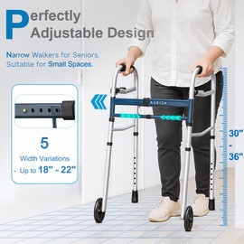 Agrish Narrow Walkers with Storage Bag - Width Height Adjustable Walker, Lightweight Folding Walkers for Seniors Handicapped & Disabled, Up to 350 lbs