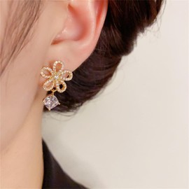 Rhinestone Hollow Flower Dangle Stud Earrings for Women S925 Sterling Silver Post Shiny Square Cubic Zirconia Dangling Drop Charm Earrings (Gold)