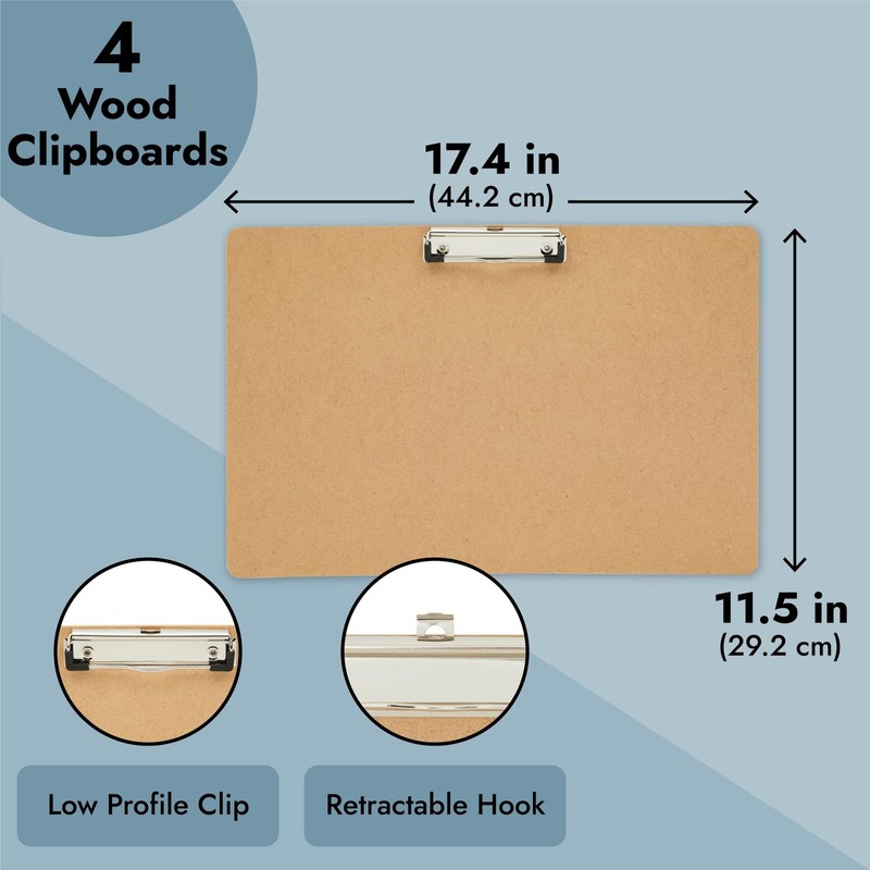 Juvale Clipboard - 11.5 x 17.4 in, Brown MDF, 4-Pack