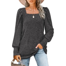 WIHOLL Tunic Tops for Women Loose Fit Dressy Long Sleeve Shirts Square Neck Tops Dark Grey M