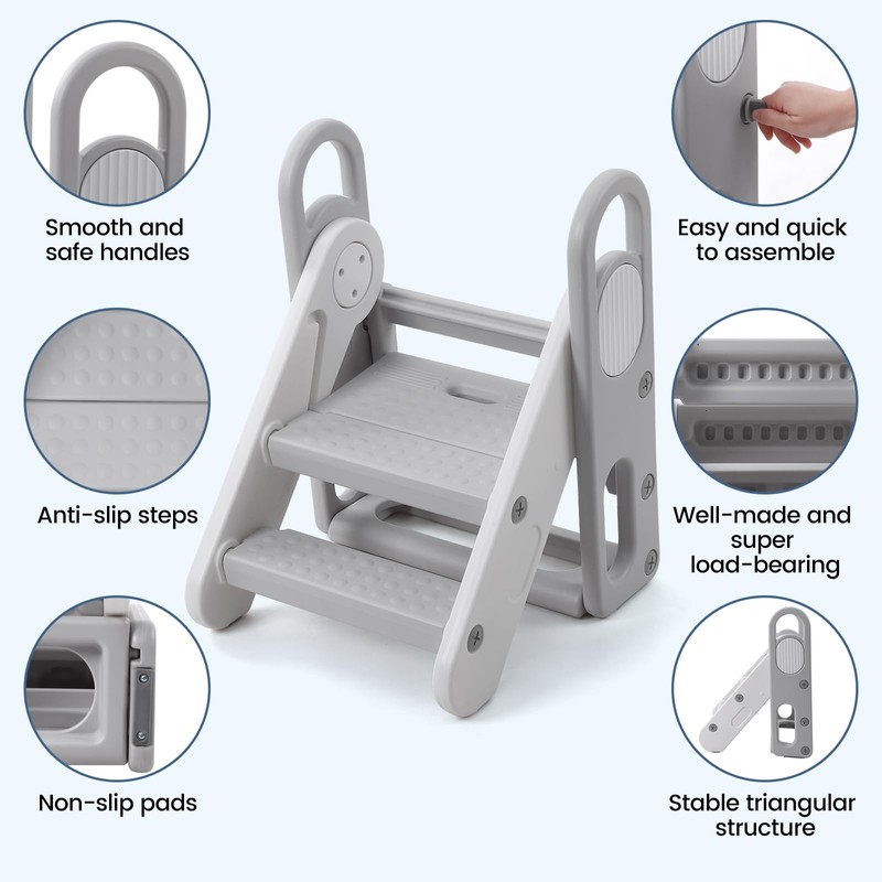 Foldable Toddler Step Stool for Kids, Adjustable 3 Steps Stool