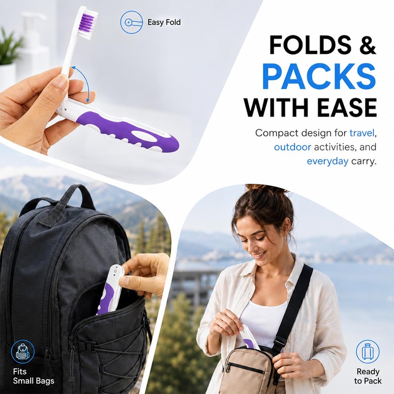 2Pcs Folding Travel Toothbrushes, Portable Mini Soft-Bristle (Pink&Purple)