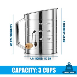 LemonRoad 6 Pcs 3 Cup Flour Sifter for Baking Stainless Steel Bulk Fine Mesh Rotary Hand Crank with Loop Agitator Quick Sifting Flour Crank Sifter Kitchen Tools for Powdered Sugar Cocoa