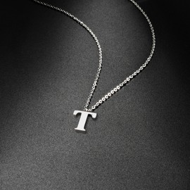 PARTNER Stainless Steel Silver Initial Necklace Alphabet Pendant Necklace 16" with 2" extender Women letter Necklace (Silver Initial T)