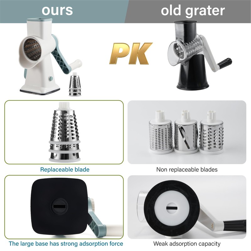 Rotary Cheese Grater hand crank 3 blades with Stronger Suction